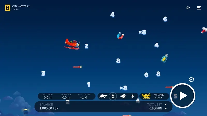 Aviamasters 2 বেট প্যানেল - ব্যালেন্স, স্টেক এবং Play বাটন